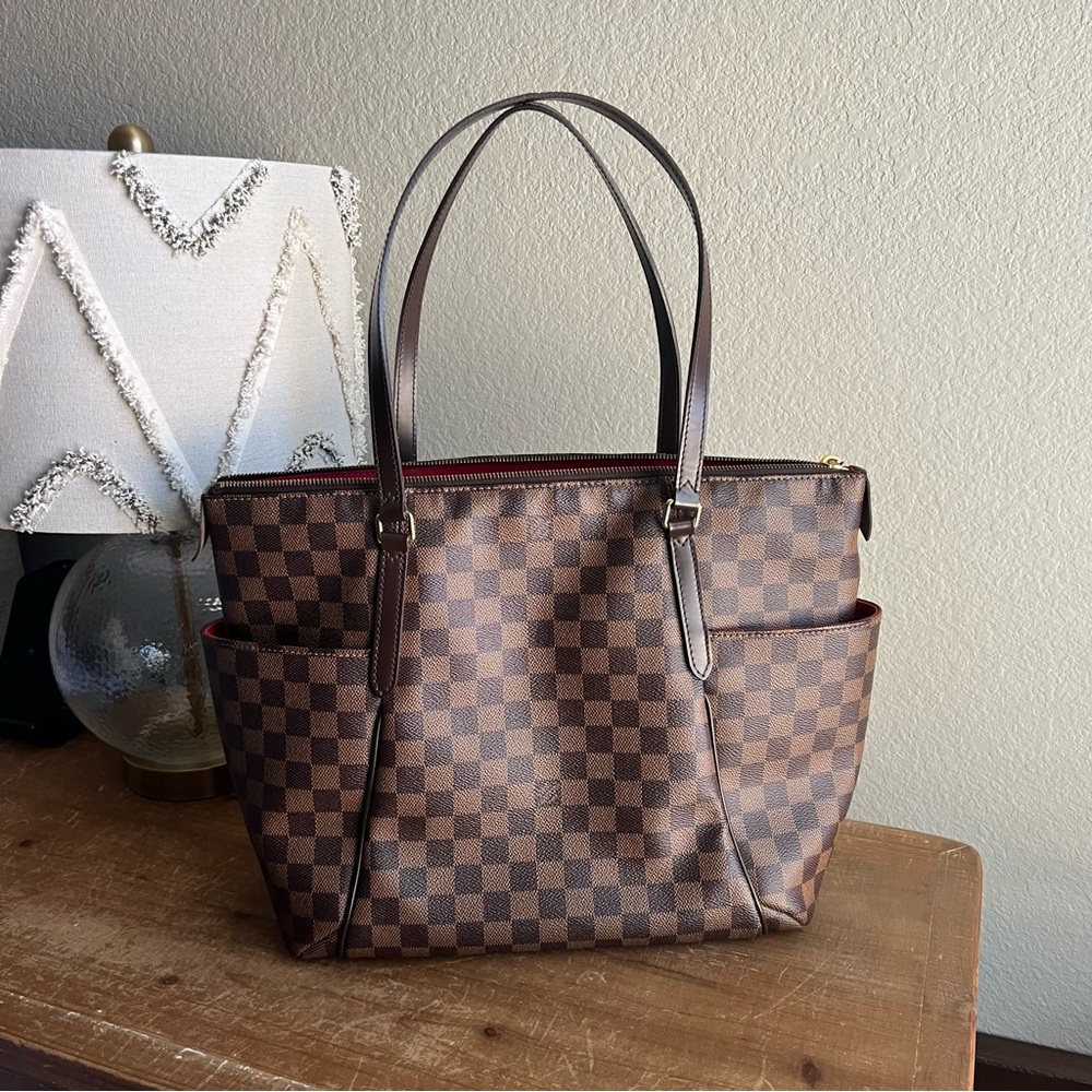 Louis Vuitton Brown Damier Ebene Tote with Red Interior